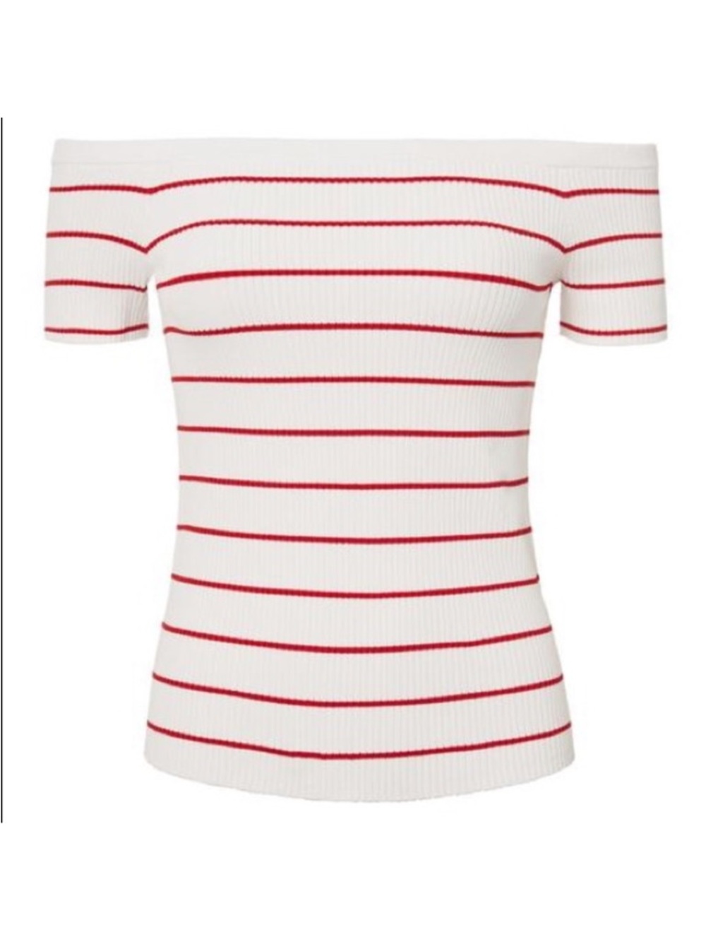 INTERMIX Off-the-Shoulder Striped Knit Top in White and Red